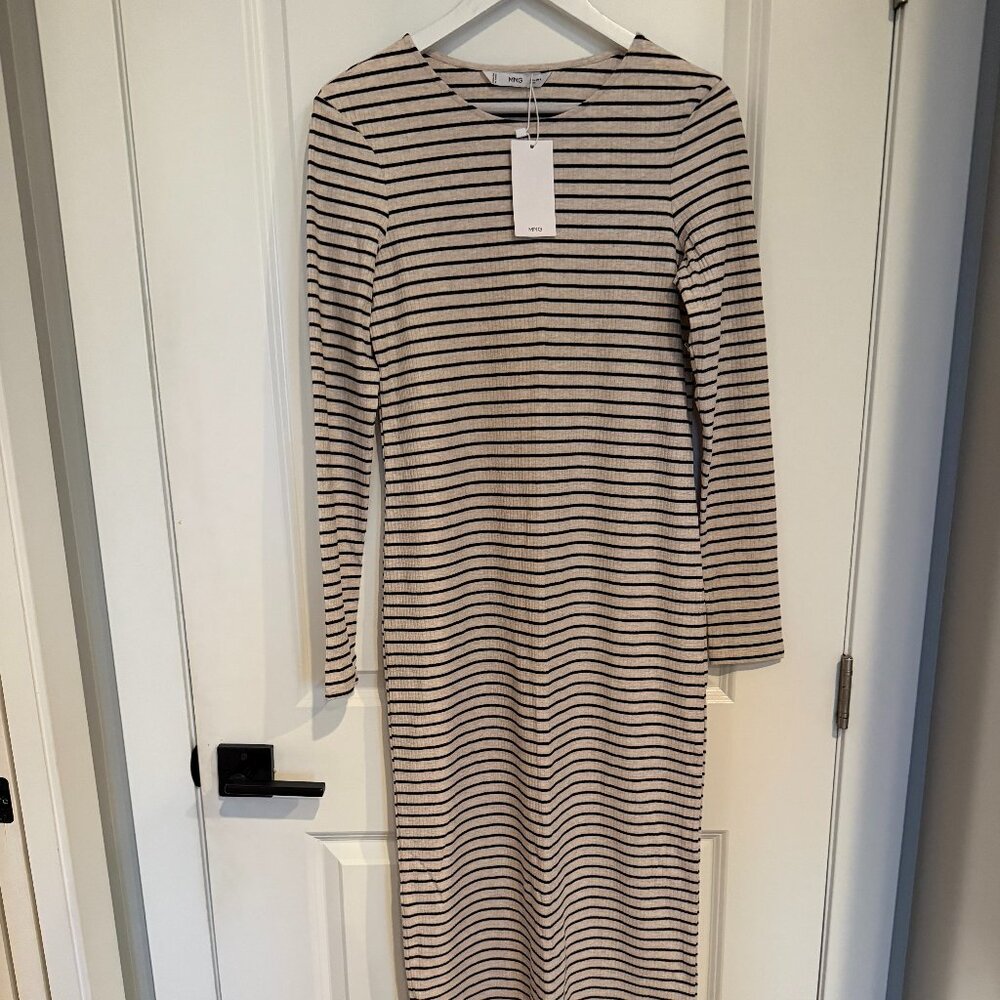 Mango Oatmeal & Black Striped Bodycon Dress - Size Large
